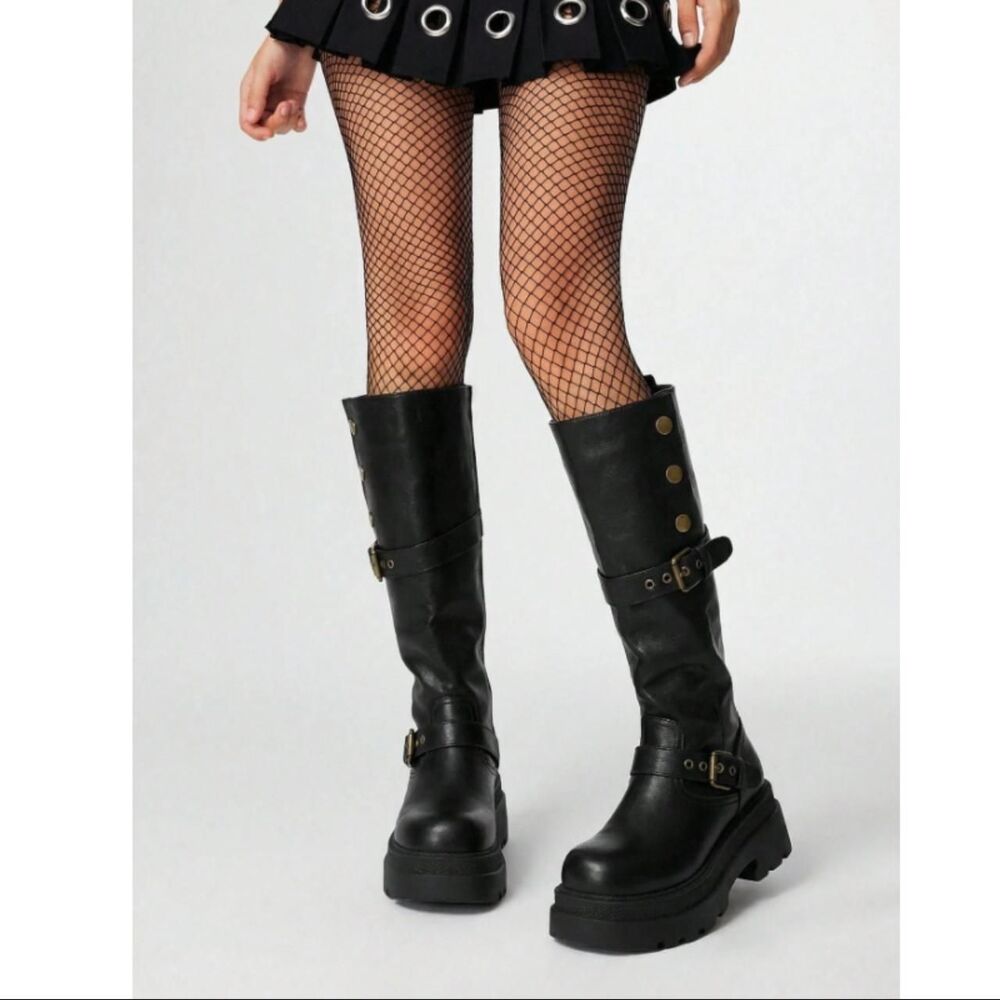 NEW ROMWE Fold Over Black Faux Leather Biker Grunge Western Buckle Boots US 9